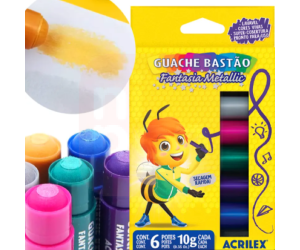 Tinta Guache Bastão Fantasia Metallic 6 Cores - Acrilex